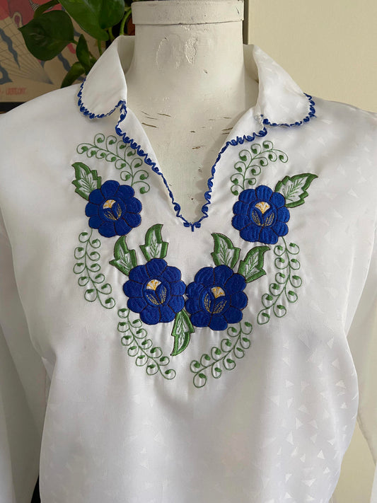 Vintage 1970s White Blue Folk Blouse