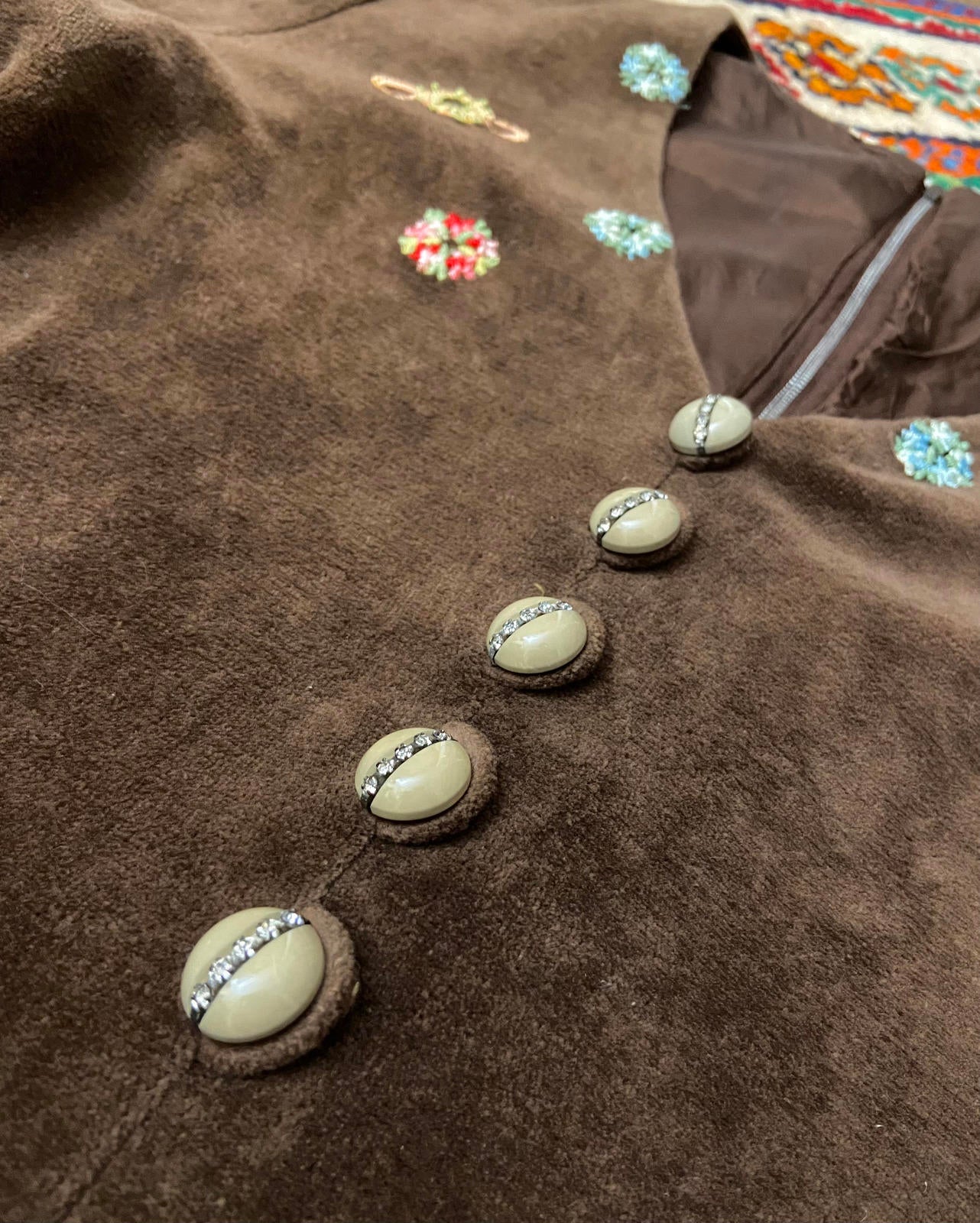 Vintage 1970s Brown Velour Embroidered Dress