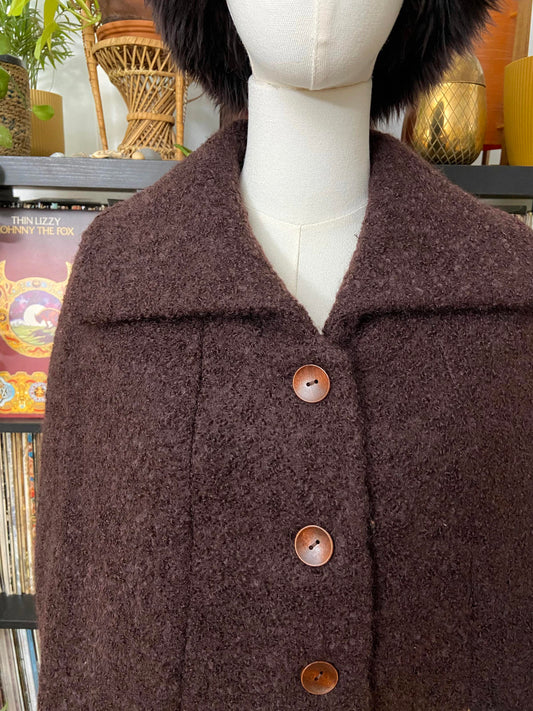 Vintage 1960s Brown Tweed Button Up Cape