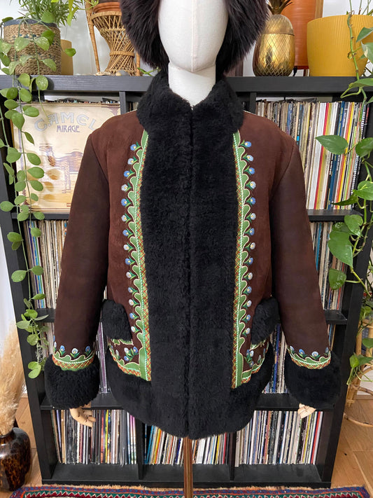 Vintage 1970s Brown Embroidered Afghan Coat