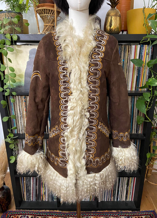 Vintage 1970s Brown Embroidered Afghan Coat
