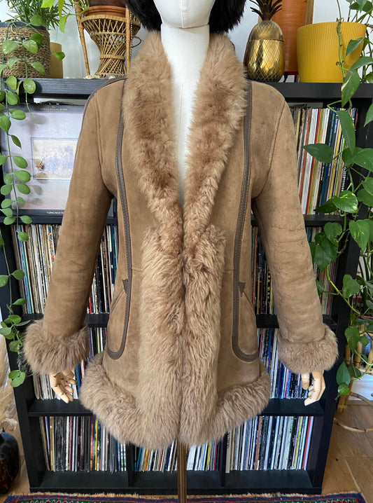 Vintage 1970s Beige Leather Trim Afghan Coat