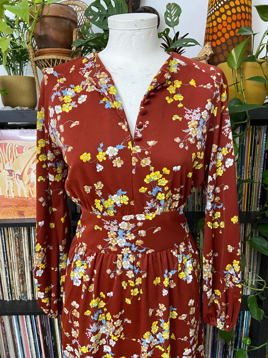 Vintage 1970s Brown Floral Button Dress