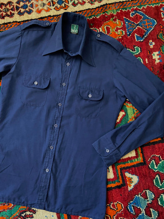 Vintage 1970s Danish Navy Dagger Collar Shirt With Epaulettes