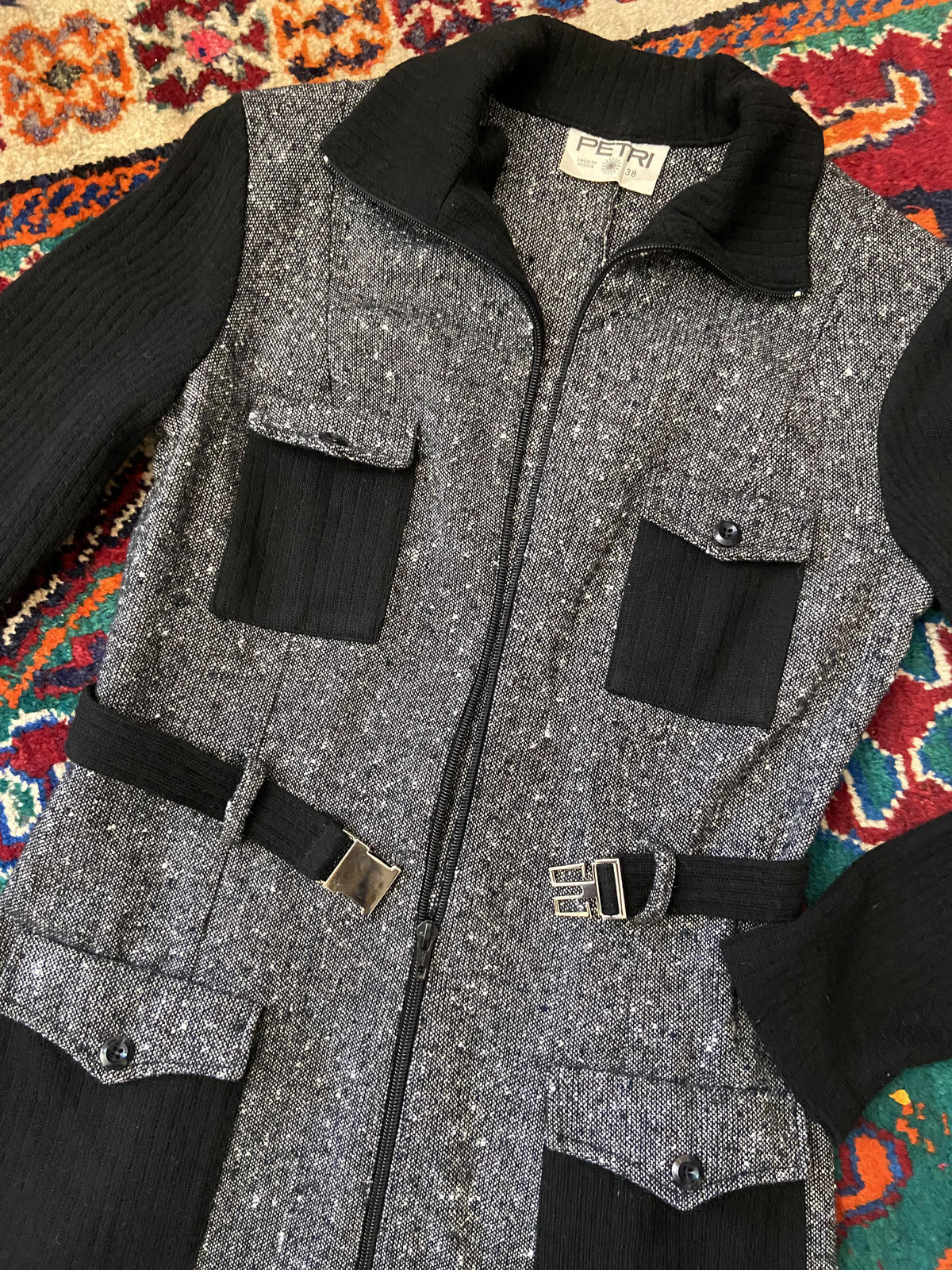 Vintage 1970s Black Tweed Flap Pocket Dress