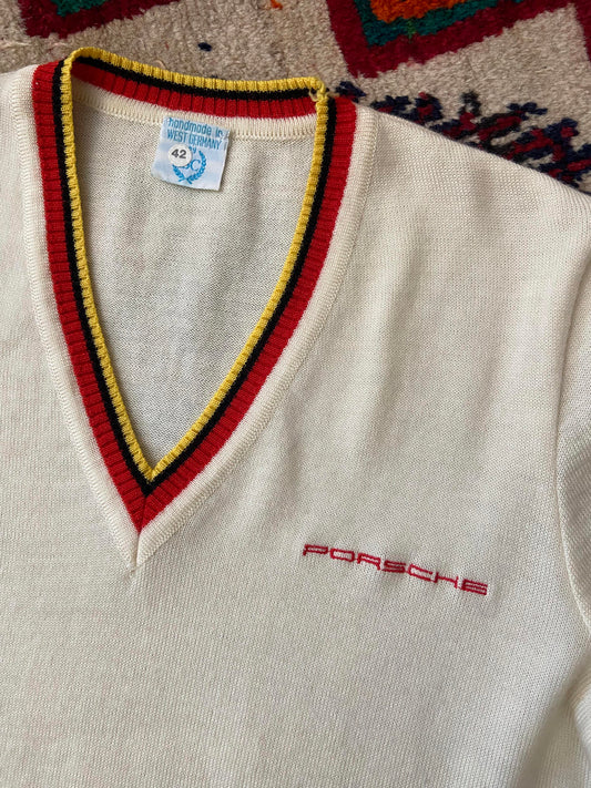 Vintage 1980s Cream Porsche V-Neck Jumper