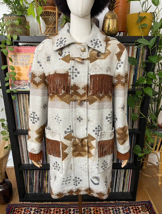 Vintage Grey Tan Fringed Southwestern Duffle Coat
