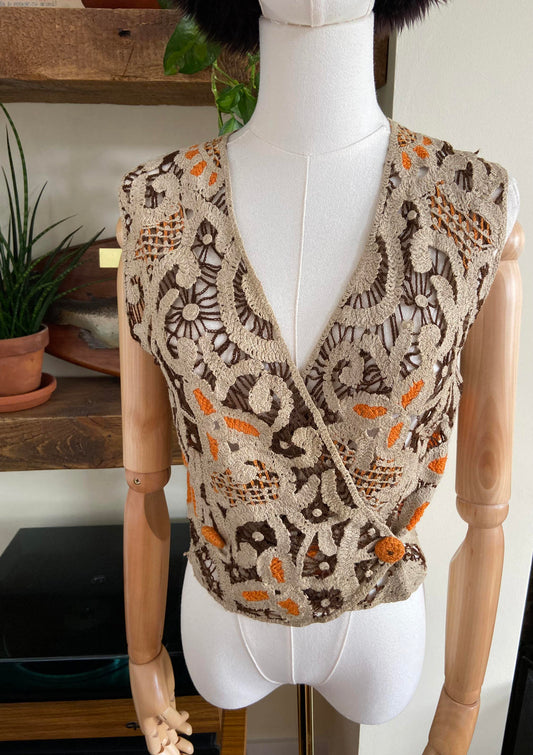 Vintage Beige Orange Brown Crochet Vest
