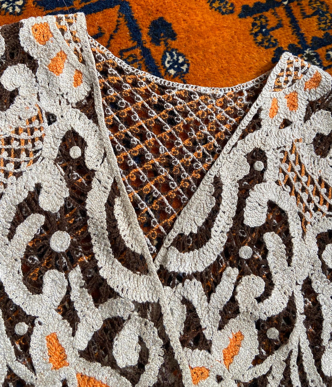 Vintage Beige Orange Brown Crochet Vest