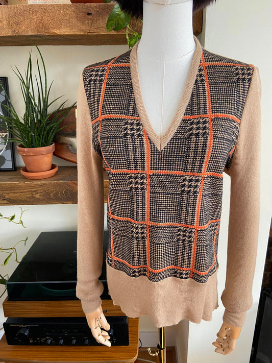 Vintage 1970s Beige Plaid Knit Sweater