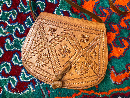 Vintage Moroccan Tan Tooled Crossbody Bag
