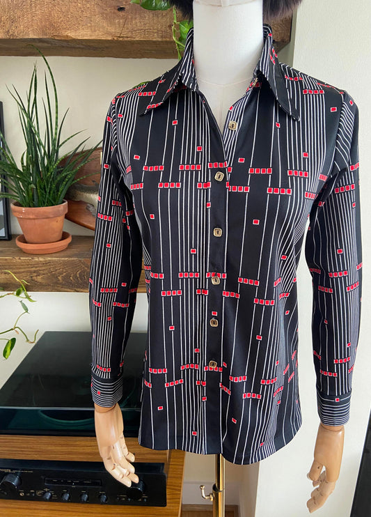 Vintage 1970s Black Geometric Japanese Jersey Shirt