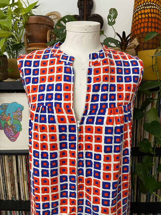 Vintage 1960s Red Blue Zip Up Dress
