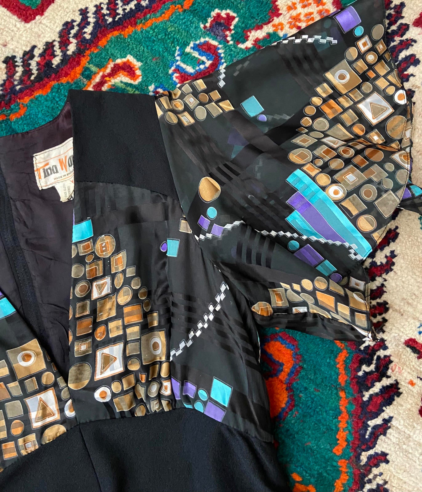 Vintage 1970s Geometric Flutter Sleeve Maxi Dress