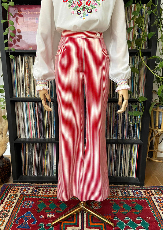 Vintage 1970s Red White Striped Flared Trousers W28