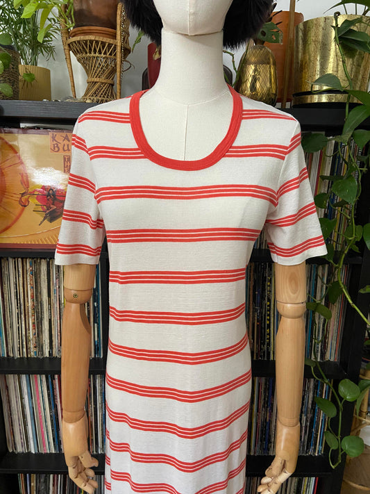Vintage 1970s White Red Striped T-Shirt Dress