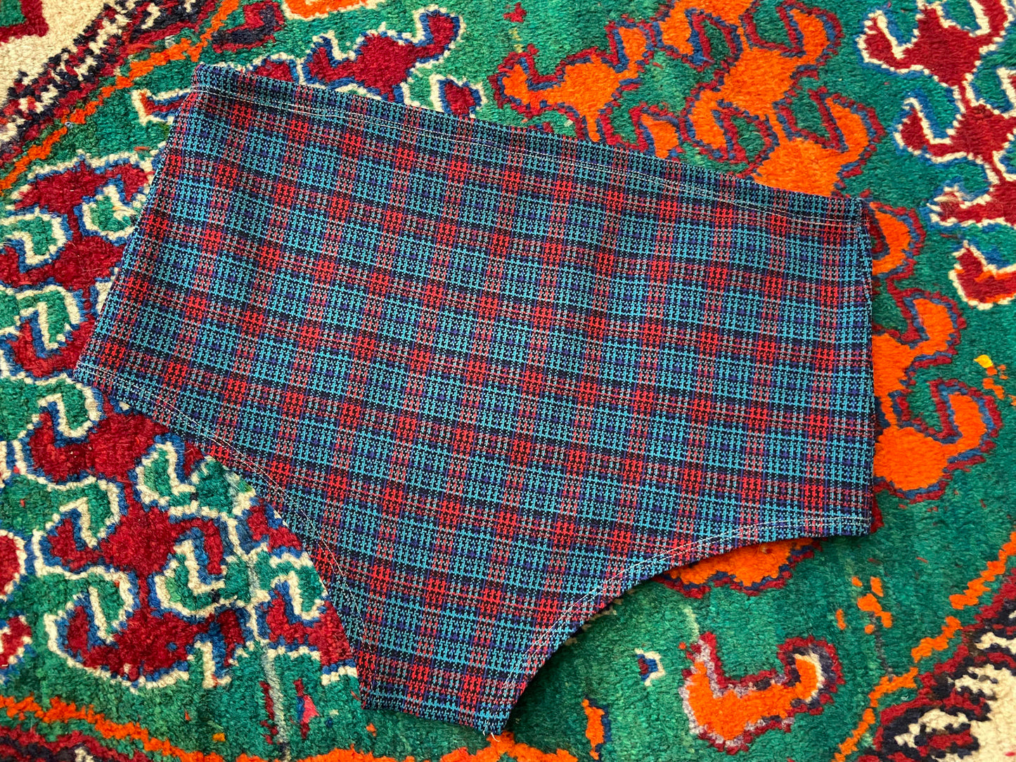 Vintage 1970s Teal Red Tartan Swimming Shorts