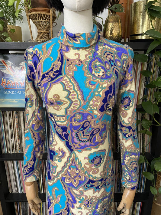 Vintage 1960s Paisley Print High Neck Dress