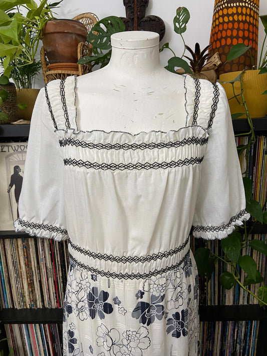 Vintage 1970s Smocked Floral Maxi Dress