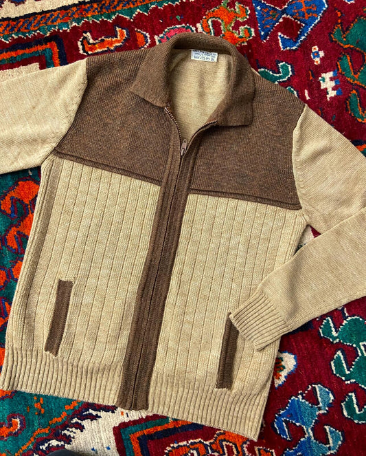 Vintage 1970s Brown & Beige Ribbed Cardigan