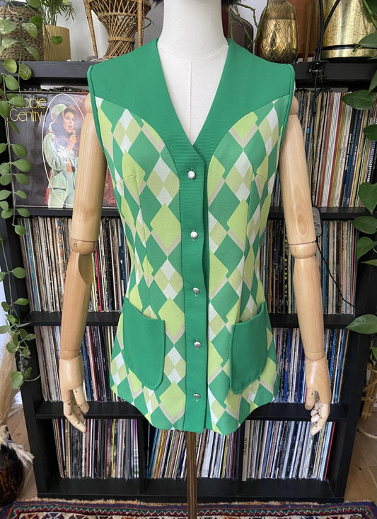 Vintage 1970s Green Argyle Micro Mini Dress