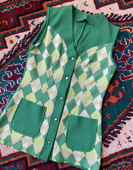 Vintage 1970s Green Argyle Micro Mini Dress
