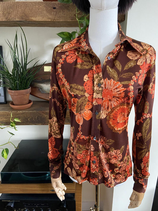 Vintage 1970s Brown Orange Dagger Collar Shirt