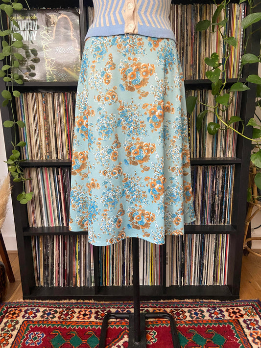 Vintage 1970s Pale Blue Floral A-Line Skirt