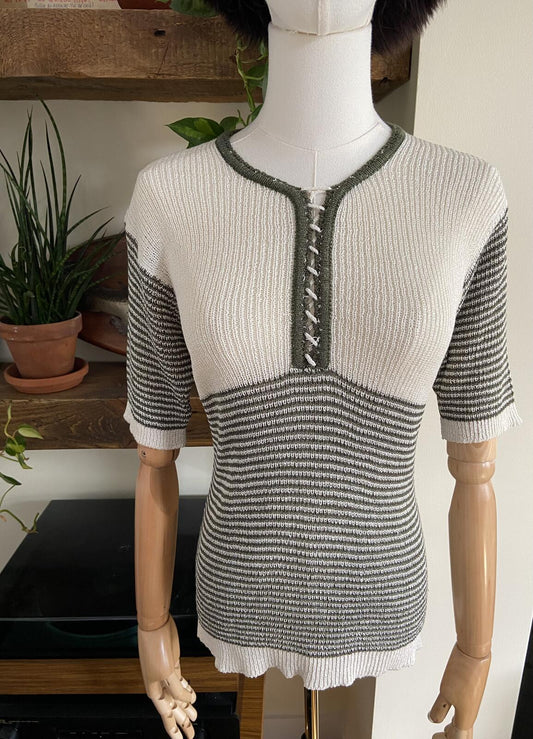 Vintage 1970s Green Cream Striped Knit Top