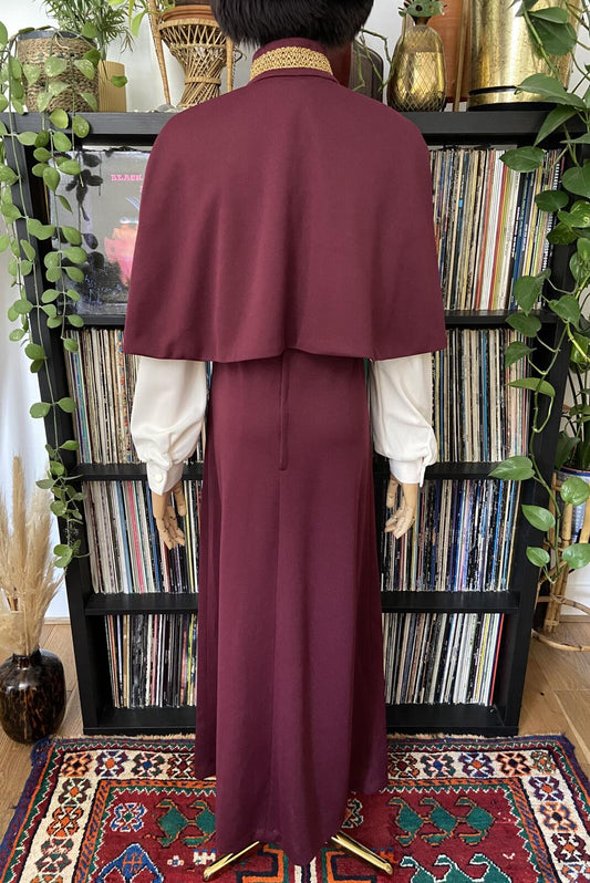 Vintage 1970s Burgundy Medieval Revival Dress And Cape