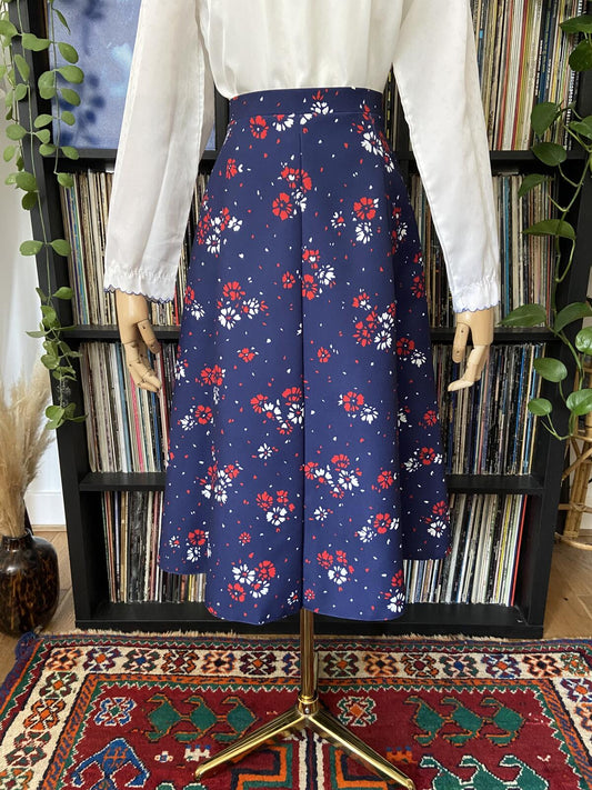 Vintage 1970s Navy Floral A-Line Skirt