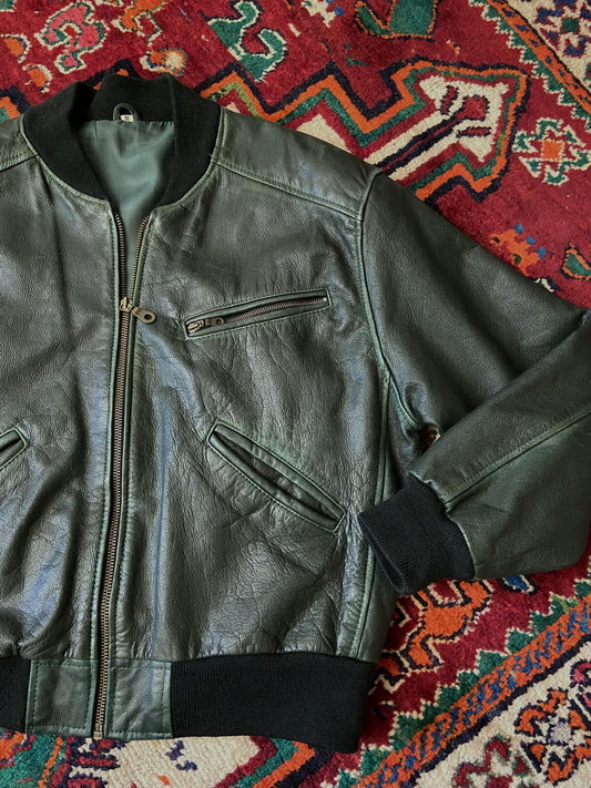 Vintage 1980s Italian Green Leather Bomber Jacket