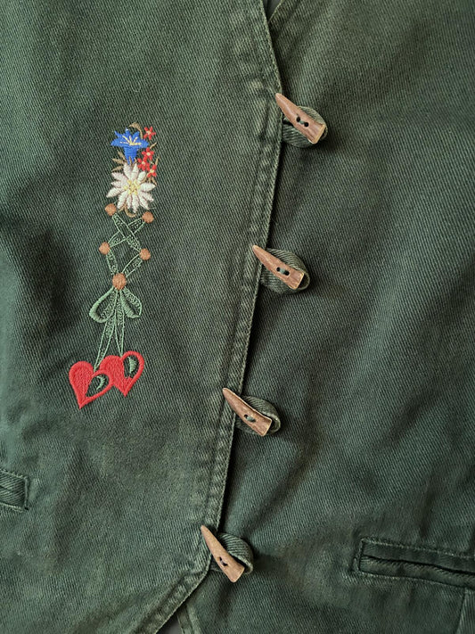 Vintage 1970s Green Embroidered Tyrolean Waistcoat