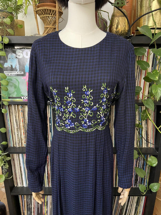 Vintage 90s Navy Embroidered Maxi Dress