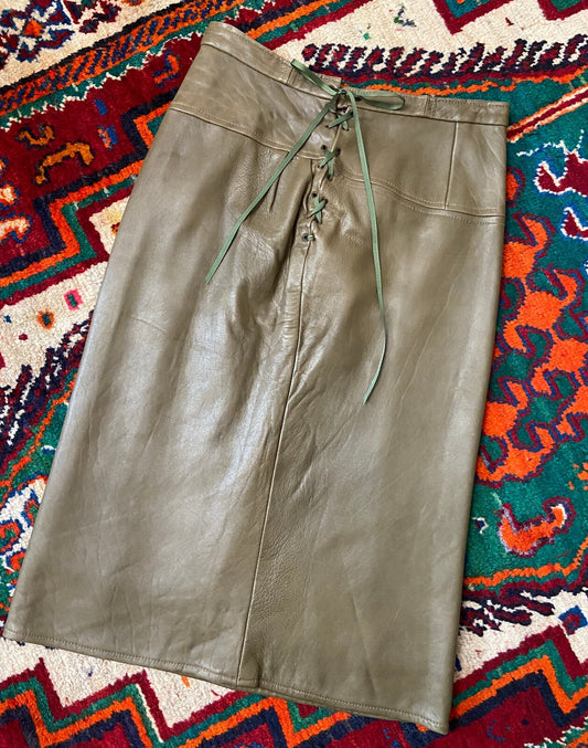 Vintage 1980s Olive Leather Lace Up Pencil Skirt