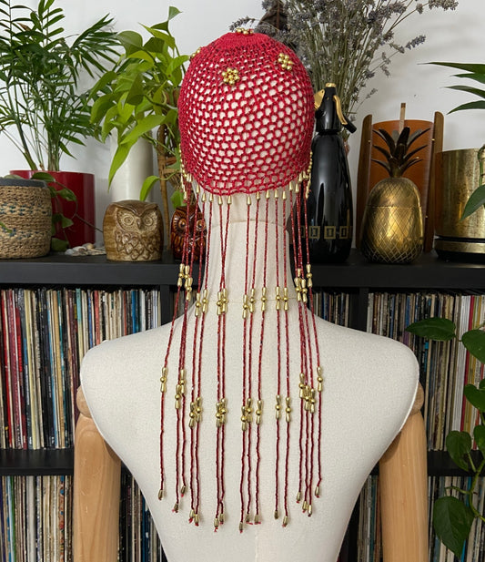 Vintage Red & Gold Crochet Tassel Cap