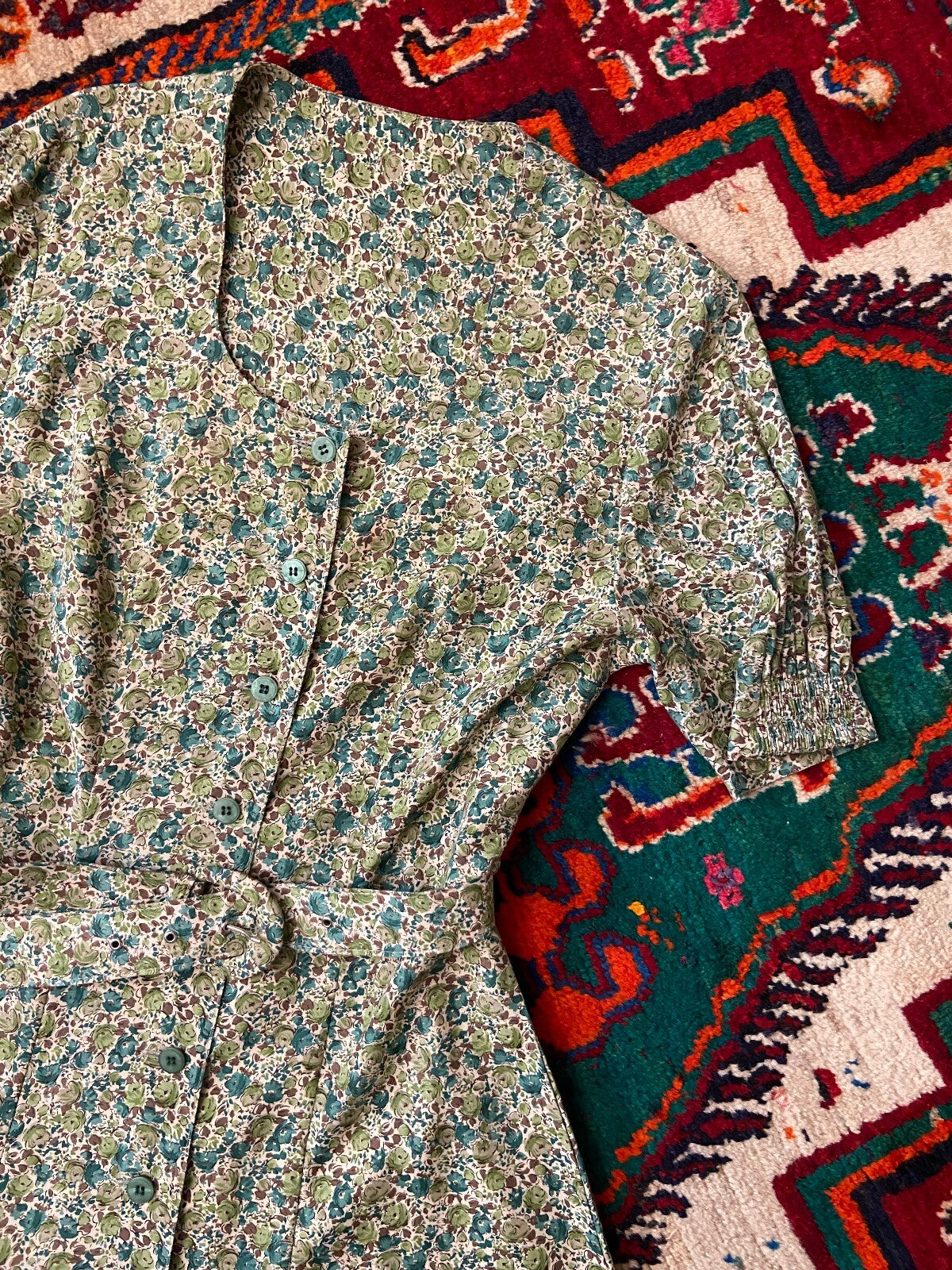 Vintage 90s Green Floral Tea Dress
