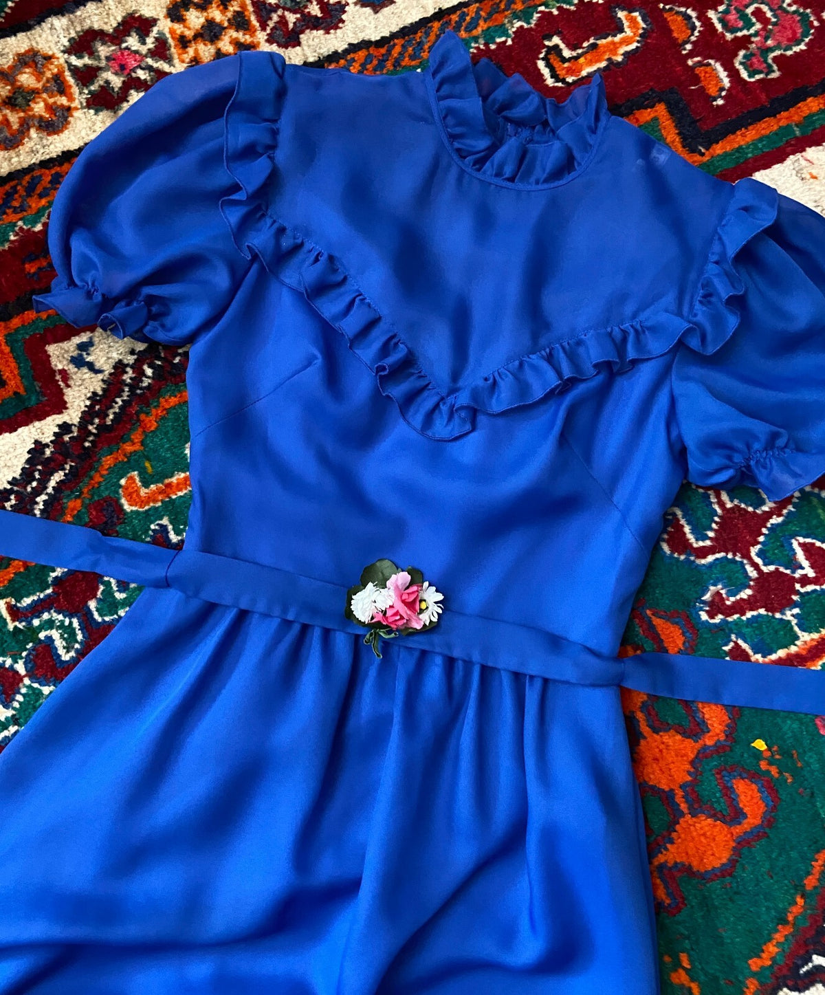 Vintage 1970s Blue Flower Sash Prairie Dress