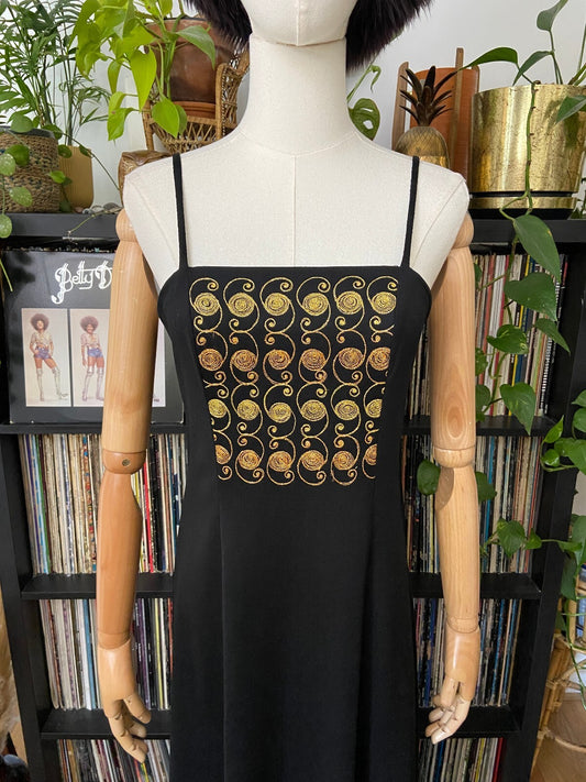 Vintage 1970s Gold Embroidered Sleeveless Maxi Dress