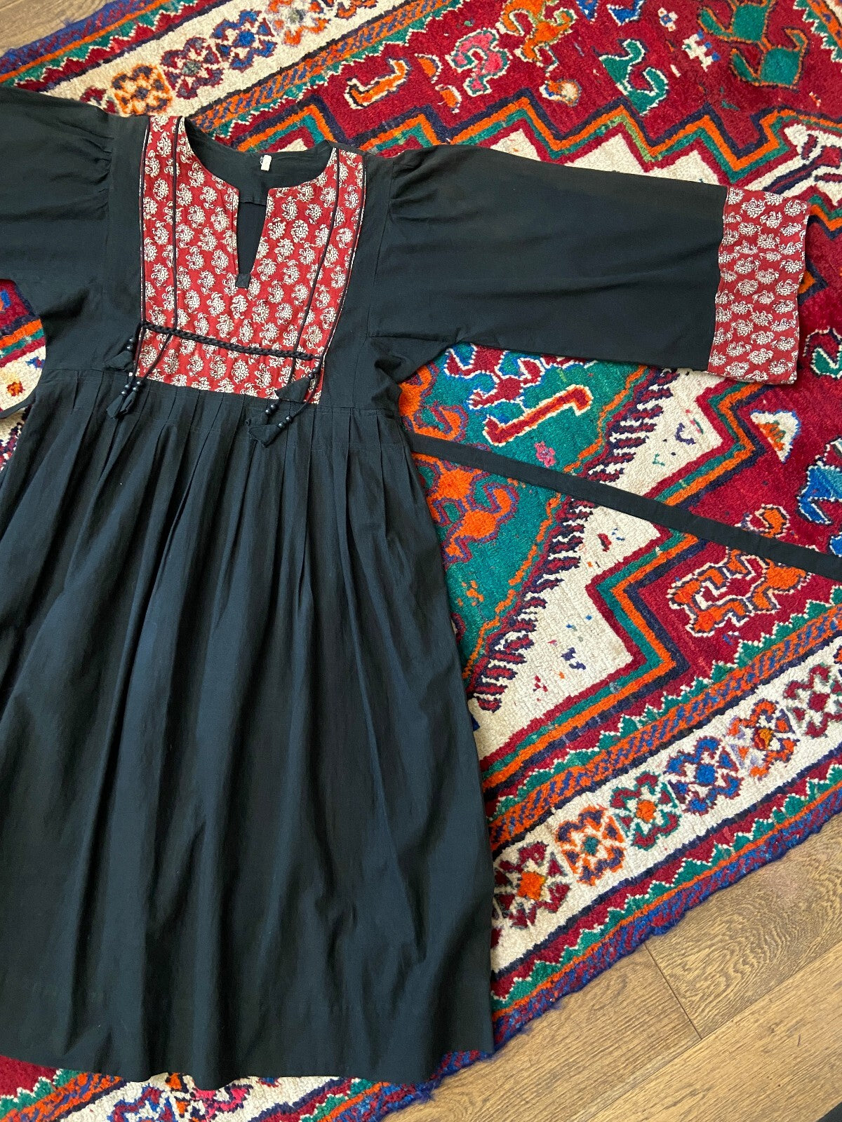 Vintage 1970s Black Indian Cotton Block Print Dress