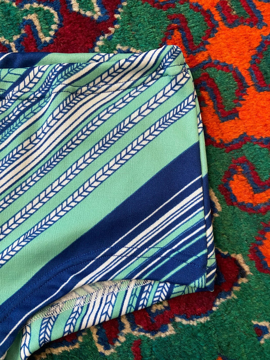 Vintage 1970s Pale Green & Navy Print Swim Shorts