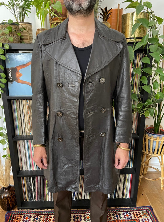 Vintage 1970s Brown Longline Leather Jacket