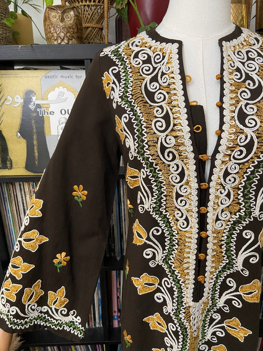 Vintage 1970s Brown Embroidered Kaftan Dress