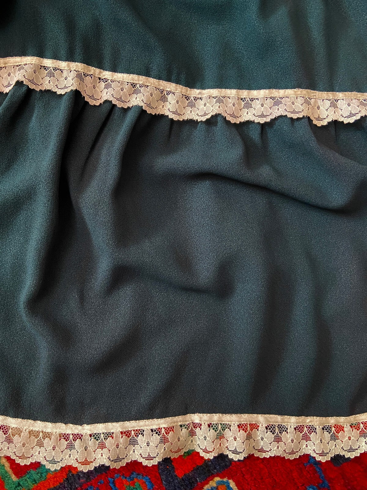 Vintage 1970s Dark Green Lace Trim Prairie Dress