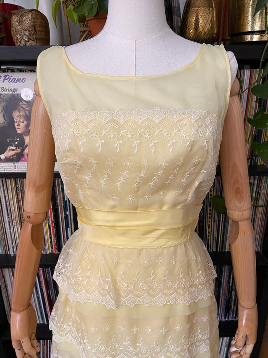 Vintage 1960s Pale Lemon Tiered Party Dress