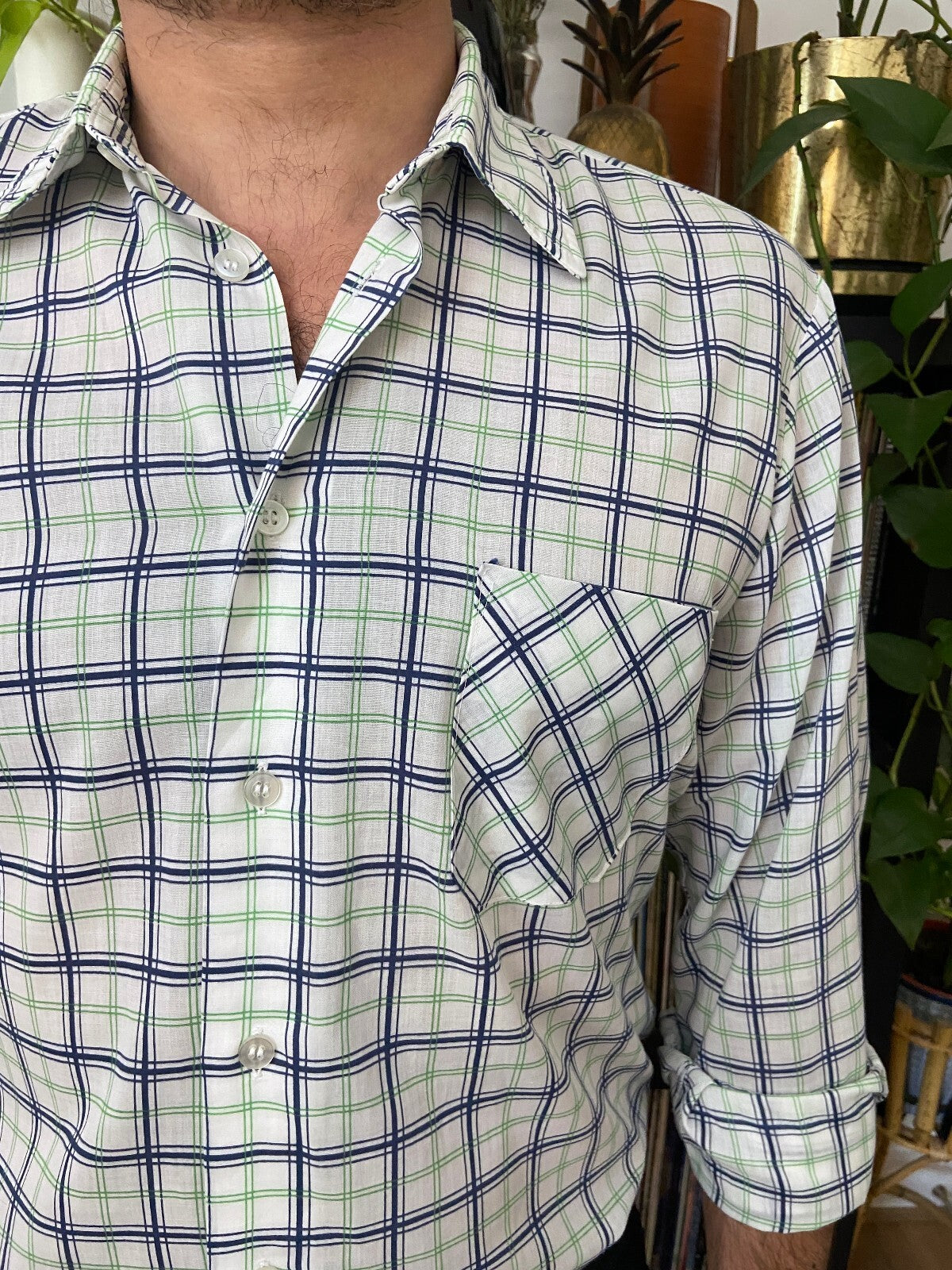 Vintage 1970s White, Green & Navy Checked Shirt