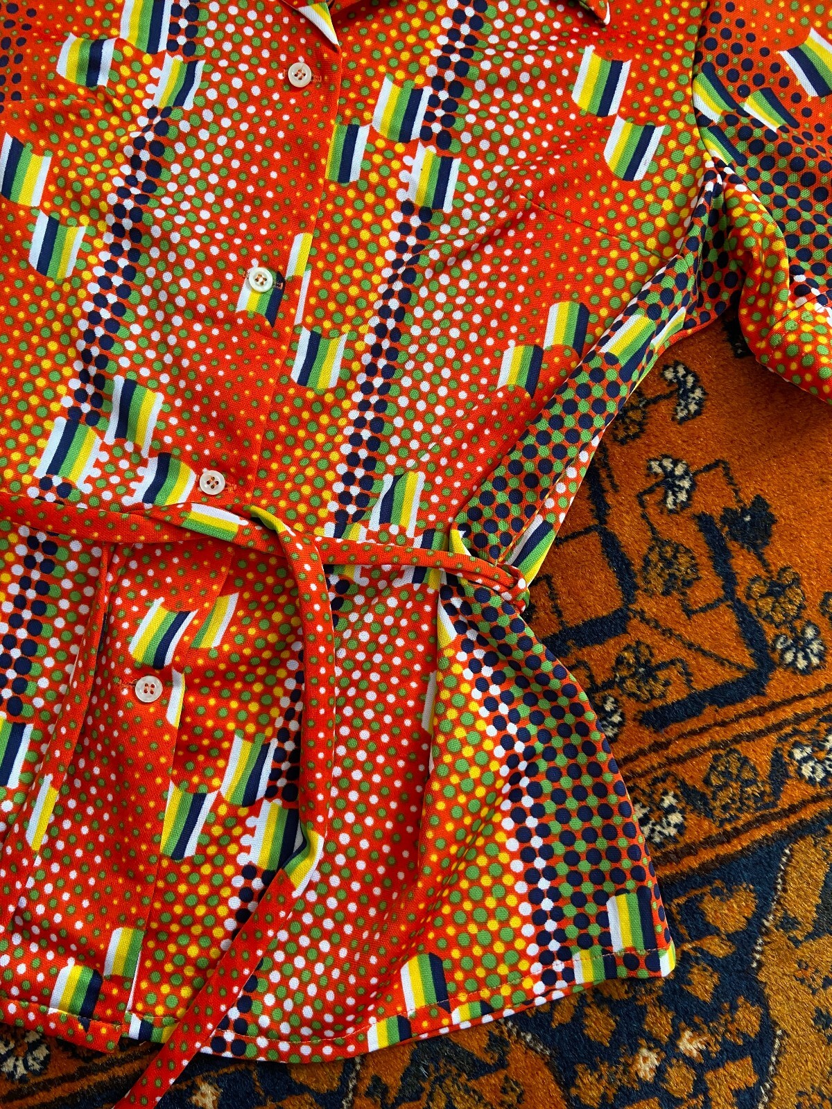 Vintage 1970s Orange Retro Print Belted Shirt