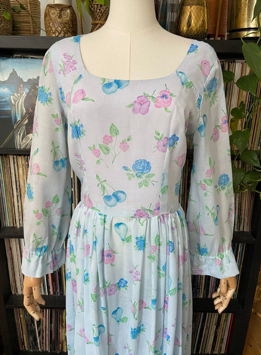 Vintage 1970s Pale Blue Romantic Floral Maxi Dress
