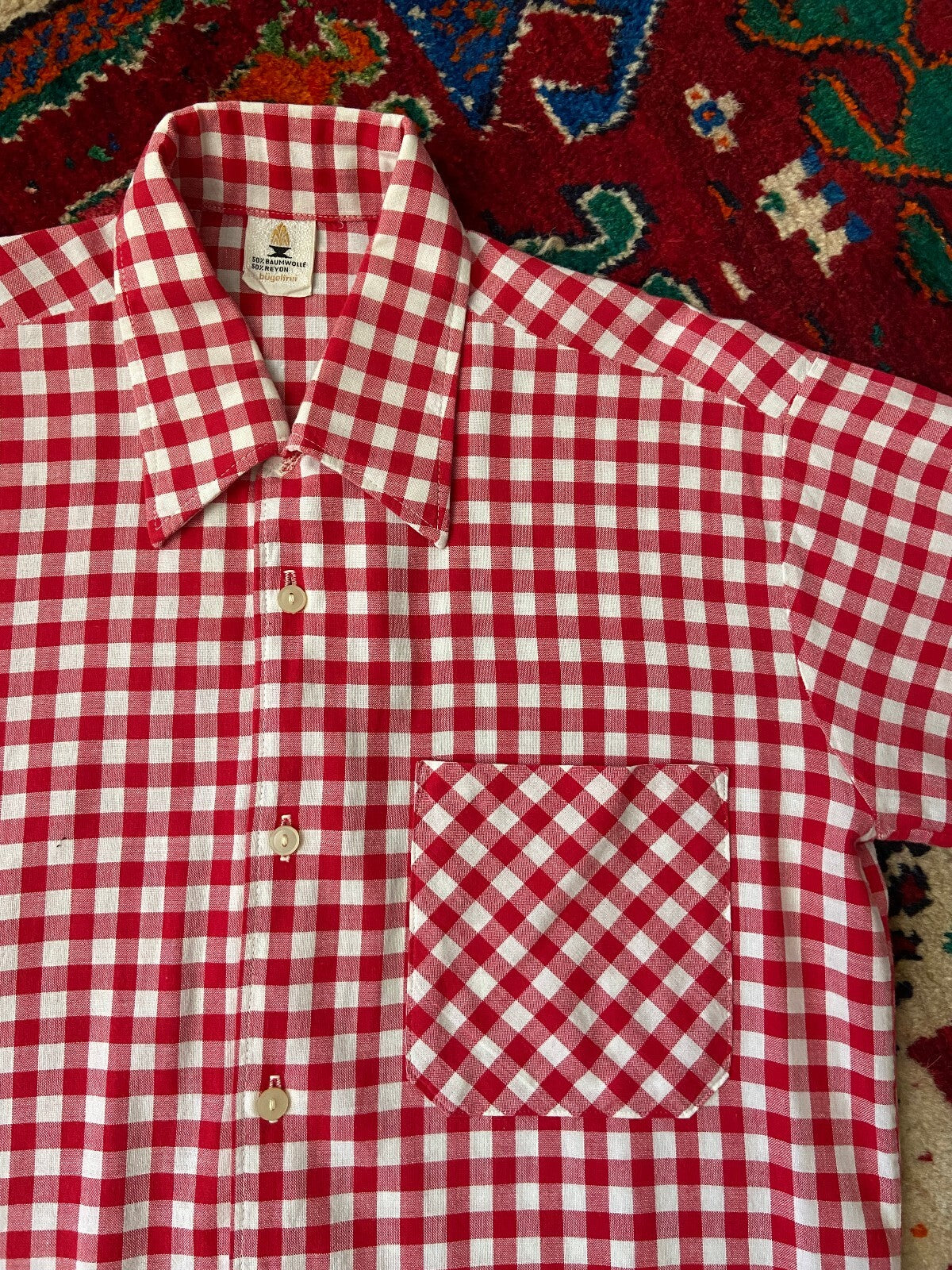 Vintage 1970s Red & White Short Sleeve Gingham Shirt