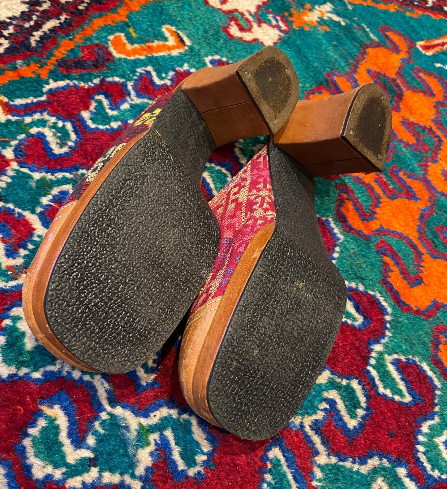 Vintage Rare 1970s Kilim Tapestry Heeled Mules UK 4.5 - 5